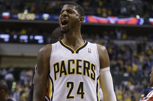 Indiana Pacers' Paul George (24) reacts during the second half in Game 2 of an opening-round NBA basketball playoff series against the Atlanta Hawks Tuesday, April 22, 2014, in Indianapolis. Indiana defeated Atlanta 101-85. (AP Photo/Darron Cummings) Indiana Pacers' Paul George (24) reacts during the second half in Game 2 of an opening-round NBA basketball playoff series against the Atlanta Hawks Tuesday, April 22, 2014, in Indianapolis. Indiana defeated Atlanta 101-85. (AP Photo/Darron Cummings)