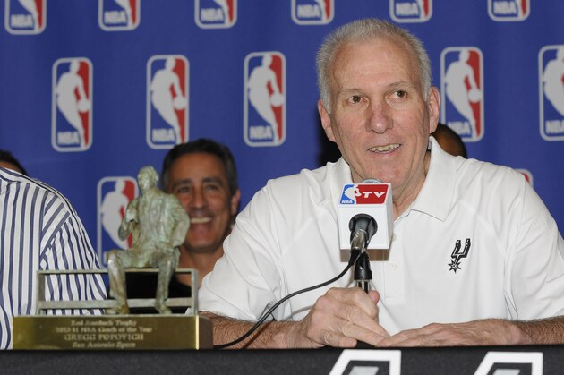SAN ANTONIO, TX - April 22: San Antonio Spurs Gregg Popovich, Head Coach and President of Spurs Basketball, answers questions at a Press Conference where he was named 2013-2014 NBA Coach of the Year at the Spurs Practice Facility on April 22, 2014 in San Antonio, Texas. NOTE TO USER: User expressly acknowledges and agrees that, by downloading and or using this photograph, user is consenting to the terms and conditions of the Getty Images License Agreement. Mandatory Copyright Notice: Copyright 2014 NBAE (Photos by D. Clarke Evans/NBAE via Getty Images) SAN ANTONIO, TX - April 22: San Antonio Spurs Gregg Popovich, Head Coach and President of Spurs Basketball, answers questions at a Press Conference where he was named 2013-2014 NBA Coach of the Year at the Spurs Practice Facility on April 22, 2014 in San Antonio, Texas. NOTE TO USER: User expressly acknowledges and agrees that, by downloading and or using this photograph, user is consenting to the terms and conditions of the Getty Images License Agreement. Mandatory Copyright Notice: Copyright 2014 NBAE (Photos by D. Clarke Evans/NBAE via Getty Images)