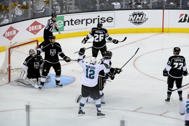 LOS ANGELES, CA - APRIL 22:  Patrick Marleau #12 of the San Jose Sharks celebrates the game-winning goal against the Los Angeles Kings in Game Three of the First Round of the 2014 Stanley Cup Playoffs at Staples Center on April 22, 2014 in Los Angeles, California. (Photo by Noah Graham/NHLI via Getty Images)