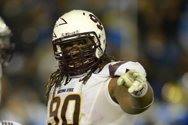 Arizona State defensive tackle Will Sutton gestures during the second half of an NCAA college football game against UCLA, Saturday, Nov. 23, 2013, in Pasadena. (AP Photo/Mark J. Terrill)