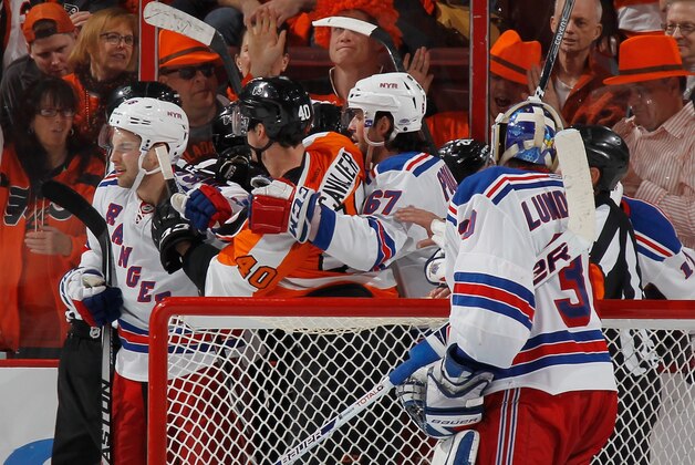 PHILADELPHIA, PA - APRIL 22: The Philadelphia Flyers and the New York Rangers tangle in Game Three of the First Round of the 2014 NHL Stanley Cup Playoffs at the Wells Fargo Center on April 22, 2014 in Philadelphia, Pennsylvania. The Rangers defeated the Flyers 4-1.  (Photo by Bruce Bennett/Getty Images)