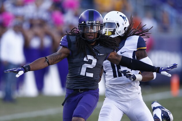 TCU cornerback Jason Verrett (2) reacts after an incomplete pass to West Virginia wide receiver Kevin White (11) during the second half of an NCAA football game, Saturday, Nov. 2, 2013, in Fort Worth, Texas. West Virginia won 30-27. (AP Photo/Jim Cowsert)