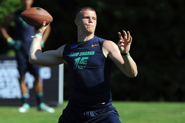 Jul 2, 2013; Beaverton, OR, USA; Drew Barker (15) passes the ball during the Nike 7on7 pool play at Nike World Headquarters in Beaverton, Oregon on Tuesday July, 2, 2013. Mandatory Credit: Steve Dykes-USA TODAY Sports Jul 2, 2013; Beaverton, OR, USA; Drew Barker (15) passes the ball during the Nike 7on7 pool play at Nike World Headquarters in Beaverton, Oregon on Tuesday July, 2, 2013. Mandatory Credit: Steve Dykes-USA TODAY Sports