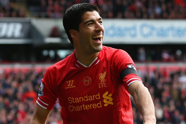 LIVERPOOL, ENGLAND - APRIL 13:  Luis Suarez of Liverpool reacts during the Barclays Premier League match between Liverpool and Manchester City at Anfield on April 13, 2014 in Liverpool, England.  (Photo by Alex Livesey/Getty Images)