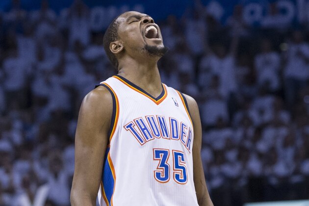 OKLAHOMA CITY, OK - APRIL 21:  Kevin Durant #35 of the Oklahoma City Thunder yells against the Memphis Grizzlies in Game Two of the Western Conference Quarterfinals during the 2014 NBA Playoffs at the Chesapeake Arena on April 21, 2014 in Oklahoma City, Oklahoma. NOTE TO USER:  User expressly acknowledges and agrees that, by downloading and/or using this photograph, user is consenting to the terms and conditions of the Getty Images License Agreement. Mandatory Copyright Notice:  Copyright 2014 NBAE (Photo by Richard Rowe/NBAE via Getty Images)
