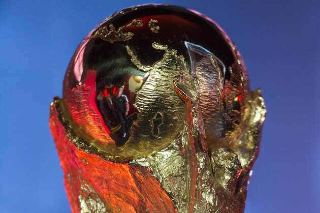 The World Cup trophy sits on display during the FIFA World Cup Trophy Tour at Maracana stadium in Rio de Janeiro, Brazil, Tuesday, April 22, 2014. (AP Photo/Felipe Dana)