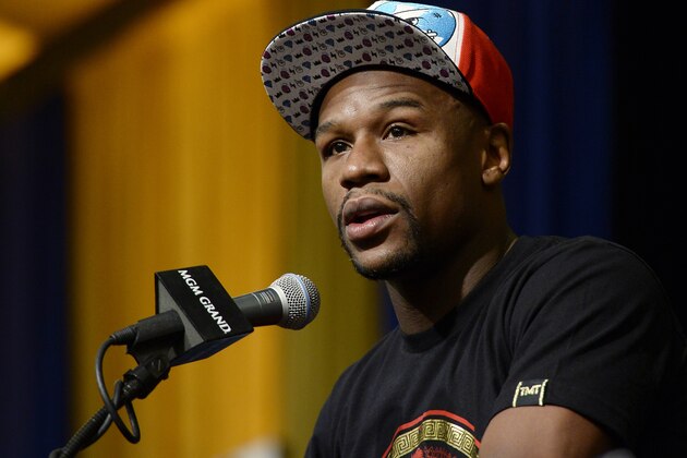 LAS VEGAS, NV - MARCH 8: Floyd Mayweather Jr. announces his upcoming Marcos 'El Chino' Maidana  during a news conference at at the MGM Grand Hotel/Casino March 8, 2014, in Las Vegas, Nevada. (Photo by Kevork Djansezian/Getty Images)