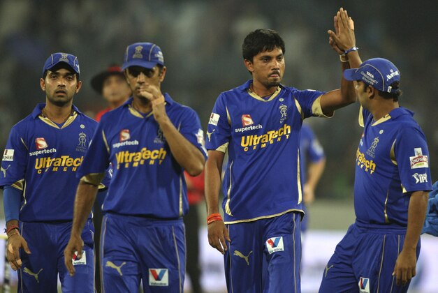 Rajasthan Royals' bowler Siddharth Trivedi, second right, celebrates after dismissing Deccan Chargers' Akshath Reddy during their Indian Premier League (IPL) cricket match in Hyderabad, India, Friday, May 18, 2012. (AP Photo/Mahesh Kumar A.)