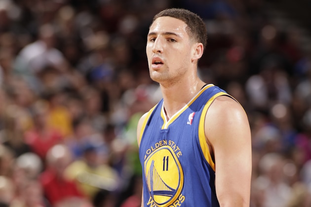 PORTLAND, OR - APRIL 13: Klay Thompson #11 of the Golden State Warriors stands on the court during a game against the Portland Trail Blazers on April 13, 2014 at the Moda Center Arena in Portland, Oregon. NOTE TO USER: User expressly acknowledges and agrees that, by downloading and or using this photograph, user is consenting to the terms and conditions of the Getty Images License Agreement. Mandatory Copyright Notice: Copyright 2014 NBAE (Photo by Cameron Browne/NBAE via Getty Images)