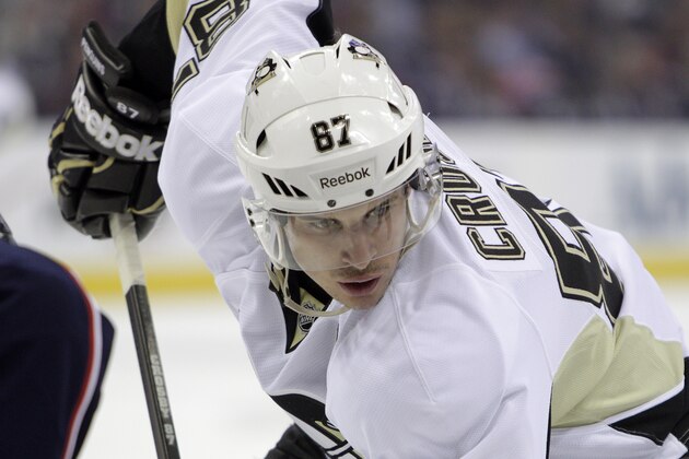Pittsburgh Penguins' Sidney Crosby plays against the Columbus Blue Jackets during Game 4 of a first-round NHL playoff hockey series Wednesday, April 23, 2014, in Columbus, Ohio. (AP Photo/Jay LaPrete)