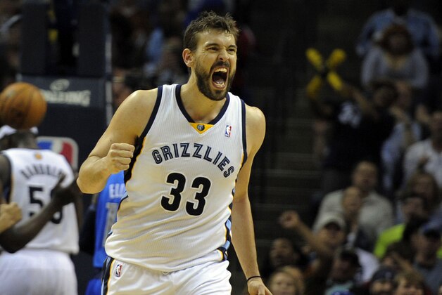 Apr 16, 2014; Memphis, TN, USA; Memphis Grizzlies center Marc Gasol (33) reacts during the game against the Dallas Mavericks at FedExForum. Memphis Grizzlies beat the Dallas Mavericks in overtime 106 - 105. Mandatory Credit: Justin Ford-USA TODAY Sports