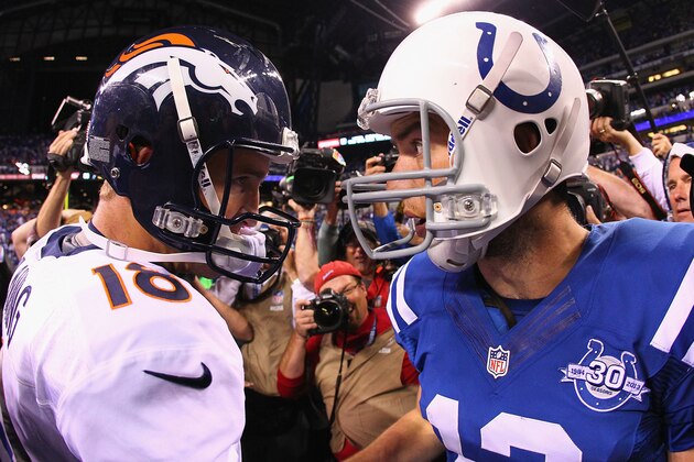 INDIANAPOLIS, IN - OCTOBER 20: Peyton Manning #18 of the Denver Broncos congratulates Andrew Luck #12 of the Indianapolis Colts after the Colts beat the Broncos 39-33 at Lucas Oil Stadium on October 20, 2013 in Indianapolis, Indiana. (Photo by Dilip Vishwanat/Getty Images) INDIANAPOLIS, IN - OCTOBER 20: Peyton Manning #18 of the Denver Broncos congratulates Andrew Luck #12 of the Indianapolis Colts after the Colts beat the Broncos 39-33 at Lucas Oil Stadium on October 20, 2013 in Indianapolis, Indiana. (Photo by Dilip Vishwanat/Getty Images)