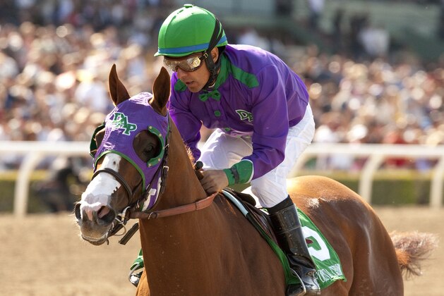 In a photo provided by Benoit Photo, California Chrome and jockey Victor Espinoza win the Santa Anita Derby horse race Saturday, April 5, 2014, at Santa Anita in Arcadia, Calif. (AP Photo/Benoit Photo)