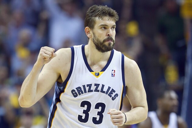MEMPHIS, TN - APRIL 24:  Marc Gasol #33 of the Memphis Grizzlies celebrates against the Oklahoma City Thunder during  Game 3 of the Western Conference Quarterfinals during the 2014 NBA Playoffs at FedExForum on April 24, 2014 in Memphis, Tennessee. NOTE TO USER: User expressly acknowledges and agrees that, by downloading and or using this photograph, User is consenting to the terms and conditions of the Getty Images License Agreement.  (Photo by Andy Lyons/Getty Images)