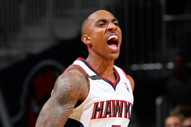 ATLANTA, GA - APRIL 24:  Jeff Teague #0 of the Atlanta Hawks reacts after a dunk against the Indiana Pacers in Game 3 of the Eastern Conference Quarterfinals during the 2014 NBA Playoffs at Philips Arena on April 24, 2014 in Atlanta, Georgia.  NOTE TO USER: User expressly acknowledges and agrees that, by downloading and or using this photograph, User is consenting to the terms and conditions of the Getty Images License Agreement.  (Photo by Kevin C. Cox/Getty Images)