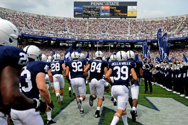 STATE COLLEGE, PA - SEPTEMBER 01: The Penn State Nittany Lions football team takes the field before playing the Ohio Bobcats at Beaver Stadium on September 1, 2012 in State College, Pennsylvania. Player names are being displayed on the jerseys for the first time. (Photo by Patrick Smith/Getty Images)