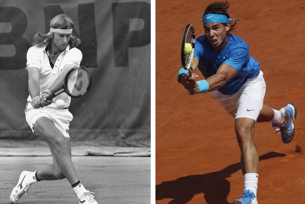 FILE  - Sweden's Bjorn Borg, left,  is shown during a tennis match at the French Open at Roland Garros stadium in Paris on June 8, 1980. At right, Spain's Rafael Nadal returns the ball to Switzerland's Roger Federer Sunday, June 5, 2011 in the men's final of the French Open tennis tournament in Paris. Nadal equaled Bjorn Borg's record of six titles at Roland Garros and earned his 10th career major championship with the 7-5, 7-6 (3), 5-7, 6-1 victory Sunday. (AP Photo/Michel Liupchitz, Michel Spingler)