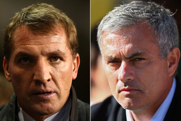 FILE PHOTO - EDITORS NOTE: COMPOSITE OF TWO IMAGES - Image Numbers 456837437 (L) and 183386392) In this composite image a comparison has been made between Brendan Rodgers ,manager of Liverpool (L) and Chelsea manager Jose Mourinho. The top two teams in the Premier League meet in a league match on April 27, 2014 at Anfield in Liverpool,England.   ***LEFT IMAGE*** LONDON, ENGLAND - DECEMBER 15: Manager Brendan Rodgers of Liverpool looks on during the Barclays Premier League match between Tottenham Hotspur and Liverpool at White Hart Lane on December 15, 2013 in London, England. (Photo by Paul Gilham/Getty Images) ***RIGHT IMAGE*** NORWICH, ENGLAND - OCTOBER 06: Manager Jose Mourinho of Chelsea looks on ahead of the Barclays Premier League match between Norwich City and Chelsea at Carrow Road on October 6, 2013 in Norwich, England. (Photo by Julian Finney/Getty Images)