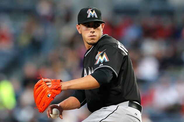 ATLANTA, GA - APRIL 22:  Jose Fernandez #16 of the Miami Marlins pitches in the fourth inning to the Atlanta Braves at Turner Field on April 22, 2014 in Atlanta, Georgia.  (Photo by Kevin C. Cox/Getty Images)