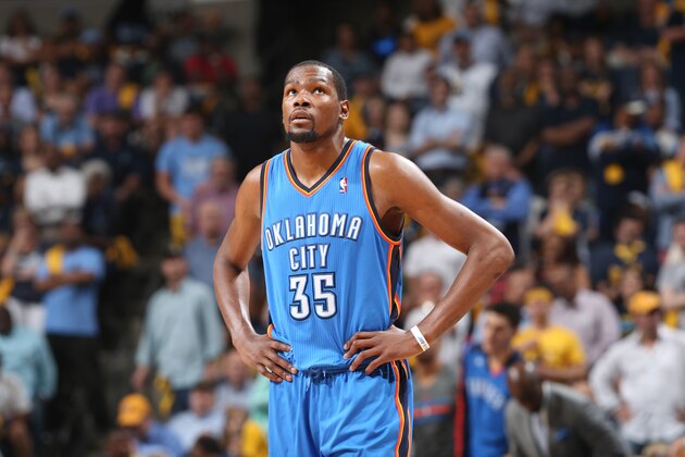 MEMPHIS, TN - APRIL 24: Kevin Durant #35 of the Oklahoma City Thunder stands during a game against the Memphis Grizzlies in Game Three of the Western Conference Quarterfinals during the 2014 NBA Playoffs on April 24, 2014 at FedExForum in Memphis, Tennessee. NOTE TO USER: User expressly acknowledges and agrees that, by downloading and or using this photograph, User is consenting to the terms and conditions of the Getty Images License Agreement. Mandatory Copyright Notice: Copyright 2014 NBAE (Photo by Joe Murphy/NBAE via Getty Images)
