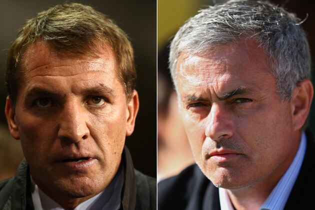 FILE PHOTO - EDITORS NOTE: COMPOSITE OF TWO IMAGES - Image Numbers 456837437 (L) and 183386392) In this composite image a comparison has been made between Brendan Rodgers ,manager of Liverpool (L) and Chelsea manager Jose Mourinho. The top two teams in the Premier League meet in a league match on April 27, 2014 at Anfield in Liverpool,England.   ***LEFT IMAGE*** LONDON, ENGLAND - DECEMBER 15: Manager Brendan Rodgers of Liverpool looks on during the Barclays Premier League match between Tottenham Hotspur and Liverpool at White Hart Lane on December 15, 2013 in London, England. (Photo by Paul Gilham/Getty Images) ***RIGHT IMAGE*** NORWICH, ENGLAND - OCTOBER 06: Manager Jose Mourinho of Chelsea looks on ahead of the Barclays Premier League match between Norwich City and Chelsea at Carrow Road on October 6, 2013 in Norwich, England. (Photo by Julian Finney/Getty Images)