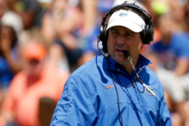 Apr 12, 2014; Gainesville, FL, USA; Florida Gators head coach Will Muschamp looks on during the first half of the spring game at Ben Hill Griffin Stadium. Mandatory Credit: Rob Foldy-USA TODAY Sports