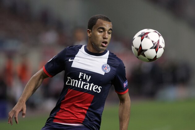 ATHENS, GREECE - SEPTEMBER 17:  Lucas of Paris Saint-Germain FC in action during the UEFA Champions League group stage match between Olympiacos FC and Paris Saint-Germain FC held on September 17, 2013 at the Georgios Karaiskakis Stadium in Athens, Greece. (Photo by Milos Bicanski/EuroFootball/Getty Images)