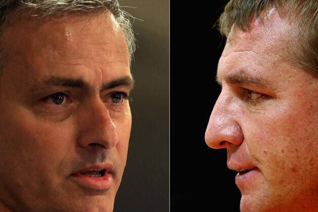 FILE PHOTO - EDITORS NOTE: COMPOSITE OF TWO IMAGES - Image Numbers 170285666 (L) and 153306519) In this composite image a comparison has been made between Chelsea manager Jose Mourinho (L) and Brendan Rodgers ,manager of Liverpool. The top two teams in the Premier League meet in a league match on April 27, 2014 at Anfield in Liverpool,England.
***LEFT IMAGE*** LONDON, ENGLAND - JUNE 10: New Chelsea manager Jose Mourinho talks to the media during the Chealsea FC press conference at Stamford Bridge on June 10, 2013 in London, England. Mourinho is returning to Chelsea for a second spell in charge of the West London Premier League team. (Photo by Richard Heathcote/Getty Images) ***RIGHT IMAGE*** LIVERPOOL, ENGLAND - OCTOBER 03: Liverpool manager Brendan Rodgers answers questions during a press conference ahead of their UEFA Europa League match against Udinese Calcio at Anfield on October 3, 2012 in Liverpool, England. (Photo by Clive Brunskill/Getty Images)