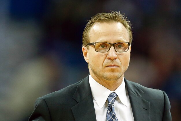 Apr 14, 2014; New Orleans, LA, USA; Oklahoma City Thunder head coach Scott Brooks against the New Orleans Pelicans during the second quarter of a game at Smoothie King Center. Mandatory Credit: Derick E. Hingle-USA TODAY Sports