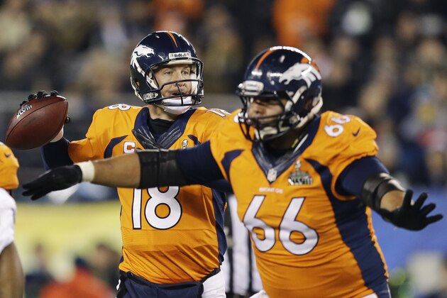 Denver Broncos' Peyton Manning looks to pass against the Seattle Seahawks during the first half of the NFL Super Bowl XLVIII football game Sunday, Feb. 2, 2014, in East Rutherford, N.J. (AP Photo/Julio Cortez)