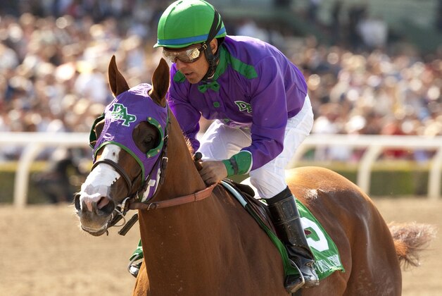 In a photo provided by Benoit Photo, California Chrome and jockey Victor Espinoza win the Santa Anita Derby horse race Saturday, April 5, 2014, at Santa Anita in Arcadia, Calif. (AP Photo/Benoit Photo)