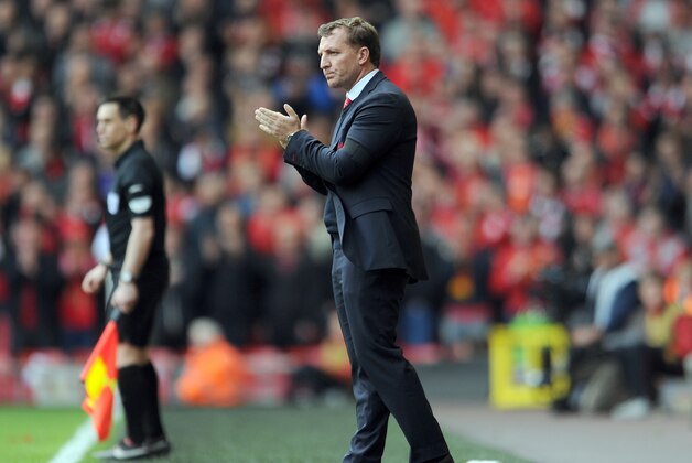 Liverpool's manager Brendan Rodgers during their English Premier League soccer match against Manchester City at Anfield in Liverpool, England, Sunday April. 13, 2014. (AP Photo/Clint Hughes)