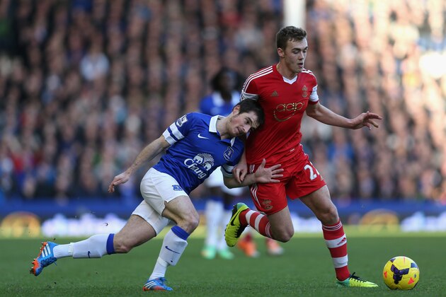 LIVERPOOL, ENGLAND - DECEMBER 29: Calum Chambers of Southampton tangles with Leighton Baines of Everton during the Barclays Premier League match between Everton and Southampton at Goodison Park on December 29, 2013 in Liverpool, England. (Photo by Clive Brunskill/Getty Images) LIVERPOOL, ENGLAND - DECEMBER 29: Calum Chambers of Southampton tangles with Leighton Baines of Everton during the Barclays Premier League match between Everton and Southampton at Goodison Park on December 29, 2013 in Liverpool, England. (Photo by Clive Brunskill/Getty Images)