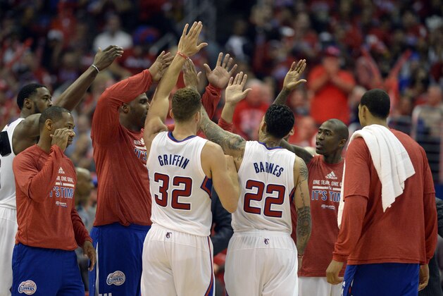 Apr 21, 2014; Los Angeles, CA, USA; The Los Angeles Clippers huddle before the third quarter against the Golden State Warriors in game two during the first round of the 2014 NBA Playoffs at Staples Center. Mandatory Credit: Richard Mackson-USA TODAY Sports