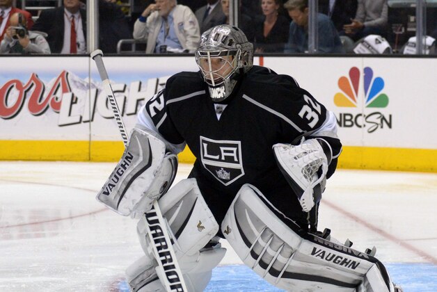 Apr 22, 2014; Los Angeles, CA, USA; Los Angeles Kings goalie Jonathan Quick (32) during game three of the first round of the 2014 Stanley Cup Playoffs against the San Jose Sharks at Staples Center. Mandatory Credit: Kirby Lee-USA TODAY Sports