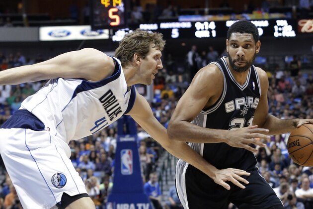 San Antonio Spurs forward Tim Duncan (21) drives against Dallas Mavericks forward Dirk Nowitzki (41) during the first half an NBA basketball game Thursday, April 10, 2014, in Dallas. (AP Photo/LM Otero)