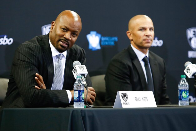 Jul 18, 2013; Brooklyn, NY, USA; General manager Billy King (left) and head coach Jason Kidd during the press conference to introduce the newest members of the Brooklyn Nets at Barclays Center. Mandatory Credit: Debby Wong-USA TODAY Sports