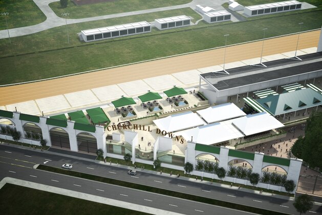 This artist's rendering provided by Churchill Downs shows the racetrack's planned Grandstand Terrace addition. Churchill Downs is planning to add nearly 2,400 seats and a VIP hospitality lounge as part of a $14.5 million project at the home of the Kentucky Derby. The Grandstand Terrace will add second- and third-floor seating and will expand and update betting windows, concessions and restrooms. (AP Photo/Churchill Downs) This artist's rendering provided by Churchill Downs shows the racetrack's planned Grandstand Terrace addition. Churchill Downs is planning to add nearly 2,400 seats and a VIP hospitality lounge as part of a $14.5 million project at the home of the Kentucky Derby. The Grandstand Terrace will add second- and third-floor seating and will expand and update betting windows, concessions and restrooms. (AP Photo/Churchill Downs)