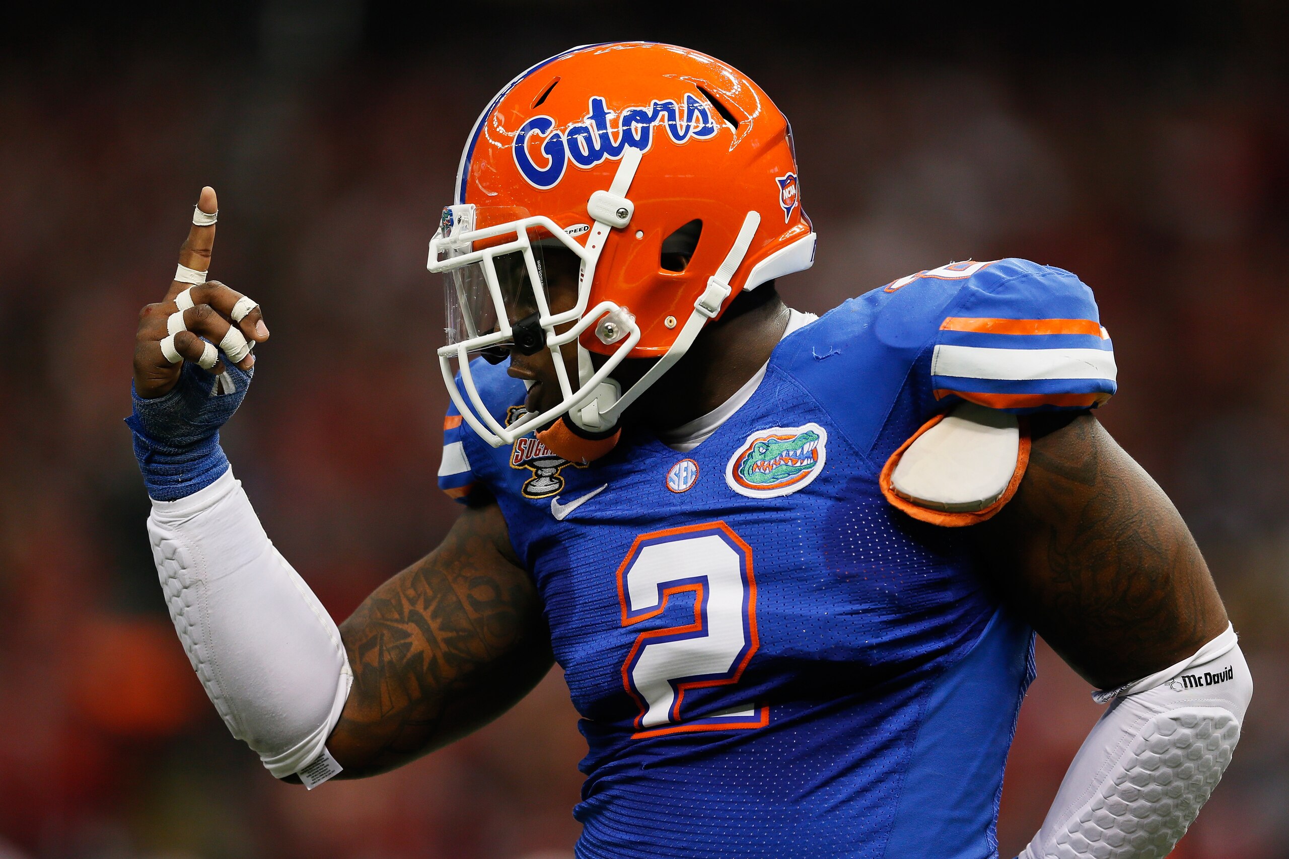 NEW ORLEANS, LA - JANUARY 02:  Dominique Easley #2 of the Florida Gators celebrates after sacking Teddy Bridgewater #5 of the Louisville Cardinals in the first quarter of the Allstate Sugar Bowl at Mercedes-Benz Superdome on January 2, 2013 in New Orleans, Louisiana.  (Photo by Kevin C. Cox/Getty Images)