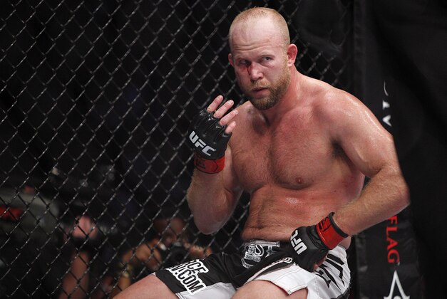 Oct 19, 2013; Houston, TX, USA; Tim Boetsch reacts after getting poked in the eye by C.B. Dollaway (not pictured) in their middleweight bout during UFC 166 at Toyota Center. Mandatory Credit: Andrew Richardson-USA TODAY Sports