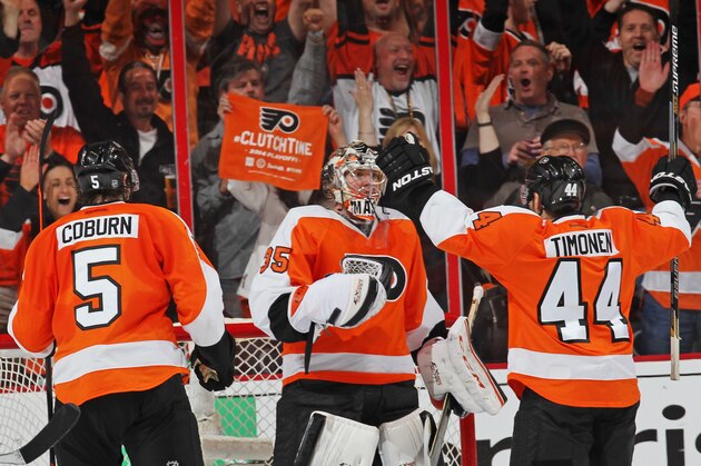 PHILADELPHIA, PA - APRIL 25: Braydon Coburn #5, Steve Mason #35, Kimmo Timonen #44 of the Philadelphia Flyers celebrate after defeating the New York Rangers 2-1 in Game Four of the First Round of the 2014 Stanley Cup Playoffs at the Wells Fargo Center on April 25, 2014 in Philadelphia, Pennsylvania. (Photo by Len Redkoles/NHLI via Getty Images) PHILADELPHIA, PA - APRIL 25: Braydon Coburn #5, Steve Mason #35, Kimmo Timonen #44 of the Philadelphia Flyers celebrate after defeating the New York Rangers 2-1 in Game Four of the First Round of the 2014 Stanley Cup Playoffs at the Wells Fargo Center on April 25, 2014 in Philadelphia, Pennsylvania. (Photo by Len Redkoles/NHLI via Getty Images)