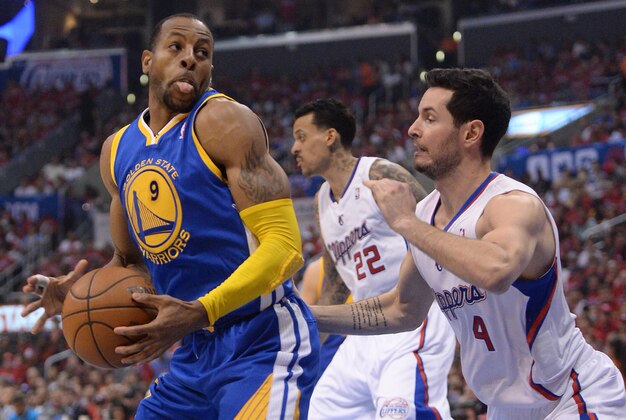 Apr 19, 2014; Los Angeles, CA, USA; Los Angeles Clippers guard J.J. Redick (4) guards Golden State Warriors forward Andre Iguodala (9) in the first half in game one during the first round of the 2014 NBA Playoffs at Staples Center. Mandatory Credit: Jayne Kamin-Oncea-USA TODAY Sports Apr 19, 2014; Los Angeles, CA, USA; Los Angeles Clippers guard J.J. Redick (4) guards Golden State Warriors forward Andre Iguodala (9) in the first half in game one during the first round of the 2014 NBA Playoffs at Staples Center. Mandatory Credit: Jayne Kamin-Oncea-USA TODAY Sports