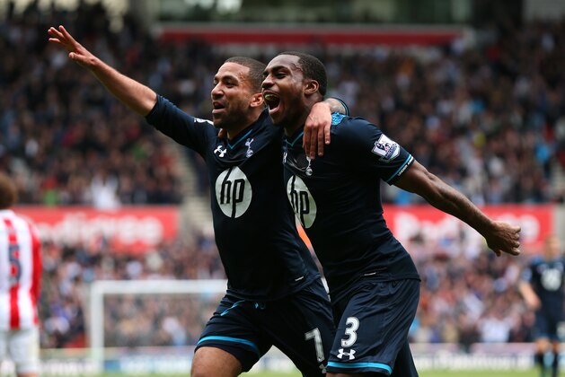 STOKE ON TRENT, ENGLAND - APRIL 26:  Danny Rose of Tottenham Hotspur celebrates with Aaron Lennon after scoring the opening goal during the Barclays Premier League match between Stoke City and Tottenham Hotspur at the Britannia Stadium on April 26, 2014 in Stoke on Trent, England.  (Photo by Alex Livesey/Getty Images)