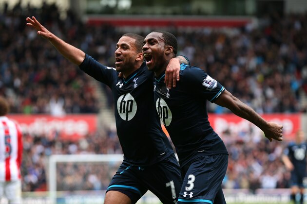 STOKE ON TRENT, ENGLAND - APRIL 26:  Danny Rose of Tottenham Hotspur celebrates with Aaron Lennon after scoring the opening goal during the Barclays Premier League match between Stoke City and Tottenham Hotspur at the Britannia Stadium on April 26, 2014 in Stoke on Trent, England.  (Photo by Alex Livesey/Getty Images)