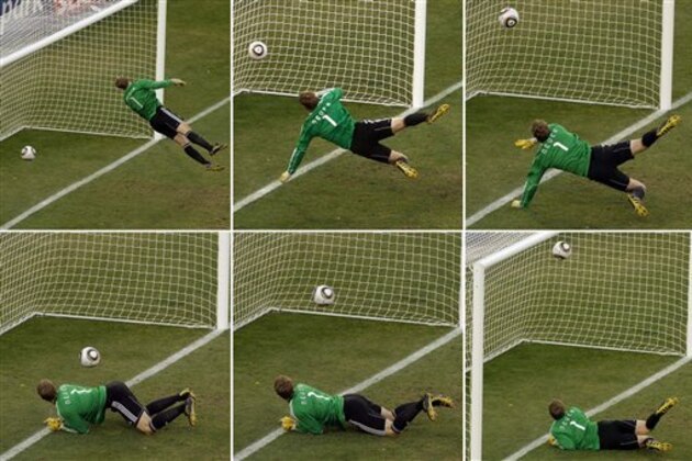 FILE - In this June 27, 2010 file photo made from a combination of six photos, Germany's goalkeeper Manuel Neuer looks at a ball that hit the bar to bounce over the line during the World Cup round of 16 soccer match between Germany and England at Free State Stadium in Bloemfontein, South Africa. FIFA committed Tuesday, Feb. 19, 2013 to using goal-line technology at the 2014 World Cup in Brazil, and could have four systems competing for selection. FIFA President Sepp Blatter insisted on giving World Cup referees high-tech aids to make goal-line decisions after seeing England midfielder Frank Lampard have a clear goal denied against Germany at the 2010 tournament in South Africa. (AP Photo/Alessandra Tarantino, File)