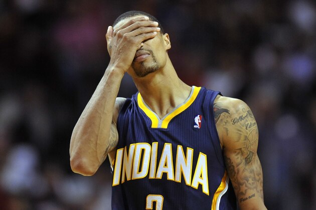 Apr 11, 2014; Miami, FL, USA; Indiana Pacers guard George Hill (3) reacts during the second half against the Miami Heat at American Airlines Arena. Miami won 98-86. Mandatory Credit: Steve Mitchell-USA TODAY Sports