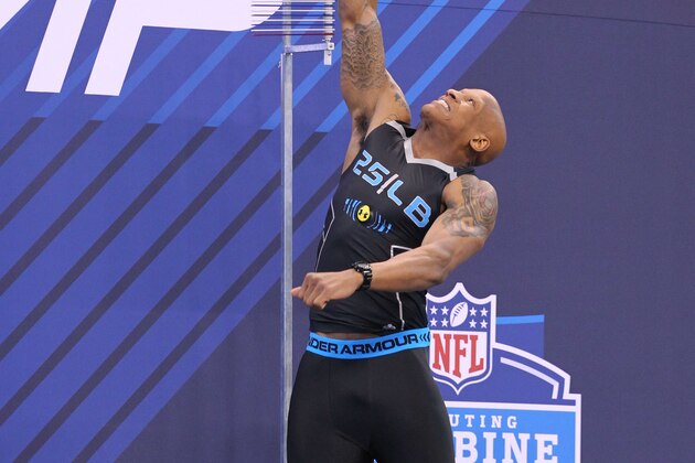 Feb 24, 2014; Indianapolis, IN, USA; Ohio State Buckeyes linebacker Ryan Shazier jumps the vertical jump  during the 2014 NFL Combine at Lucas Oil Stadium. Mandatory Credit: Brian Spurlock-USA TODAY Sports