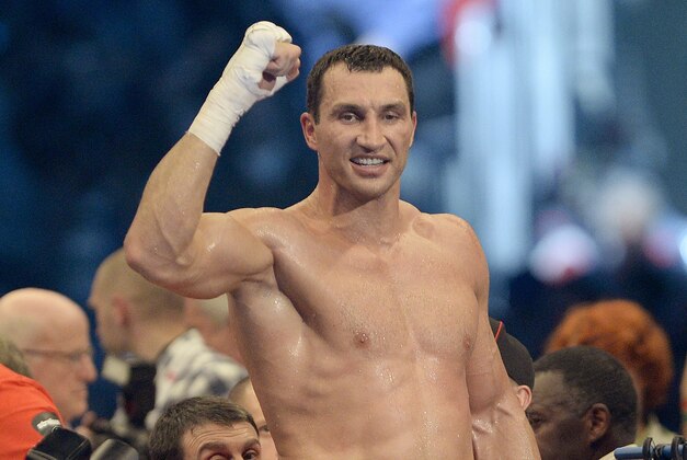 Ukraine's Wladimir Klitschko celebrates after defeating Italy's Francesco Pianeta during the heavyweight world championship fight in Mannheim, Germany, Saturday, May 4, 2013.   Klitschko retained his WBA and IBF heavyweight boxing titles with a sixth-round knockout of Pianeta on Saturday.(AP Photo/Daniel Maurer)