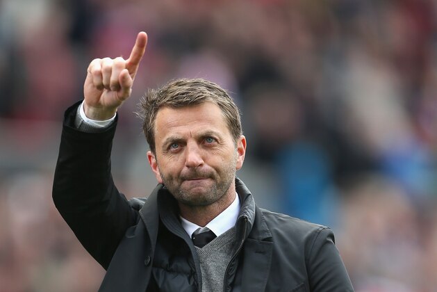 STOKE ON TRENT, ENGLAND - APRIL 26:  Tottenham Hotspur manager Tim Sherwood celebrates his teams victory to his supporters during the Barclays Premier League match between Stoke City and Tottenham Hotspur at the Britannia Stadium on April 26, 2014 in Stoke on Trent, England.  (Photo by Clive Brunskill/Getty Images)