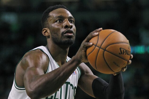 Boston Celtics forward Jeff Green (8) shoots a free throw during the second half of an NBA basketball game in Boston, Wednesday, April 16, 2014. (AP Photo/Elise Amendola)